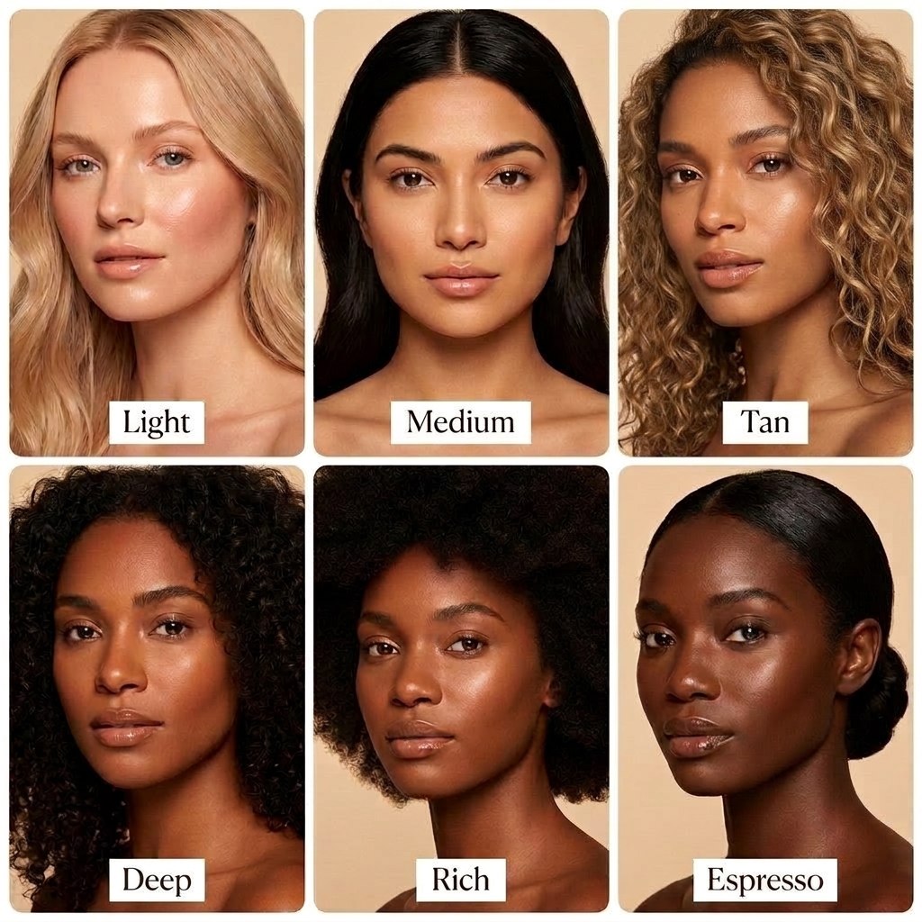 Six square shade options for a makeup or skin-tone product arranged in a 2x3 grid, each showing a woman's face with labeled shades: Light, Medium, Tan, Deep, Rich, and Espresso.