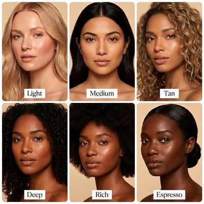 Six square shade options for a makeup or skin-tone product arranged in a 2x3 grid, each showing a woman's face with labeled shades: Light, Medium, Tan, Deep, Rich, and Espresso.